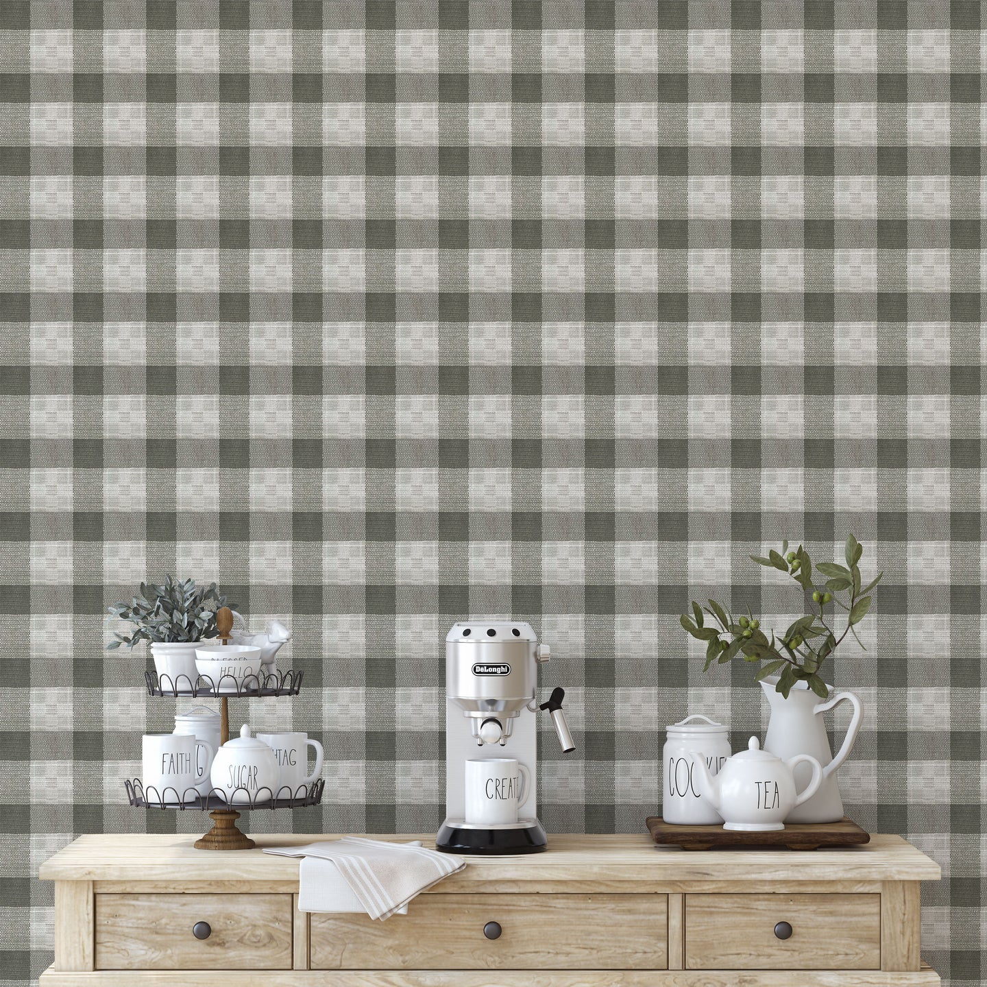 Medium print green and cream woven plaid pattern easy to install and remove peel and stick custom wallpaper available in different lengths/sizes locally created and printed in Canada. Removable, washable, durable, commercial grade, customizable and water proof.